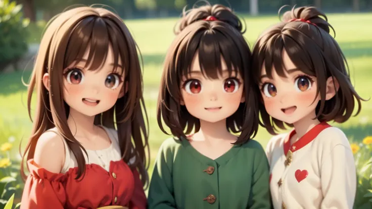 Megumin has black hair, red eyes) with her three teenage daughters Esmeralda, Ariarose and Ruby: Esmeralda has brown hair, red eyes). Ruby has red hair, green eyes), AriaRose has black hair, blue eyes)