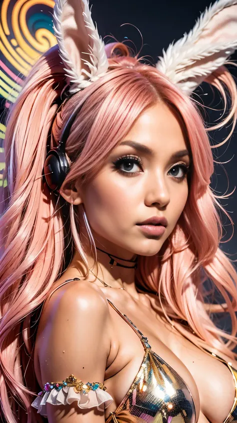 anime style, a closeup of a cartoon of a woman with ears and rabbit tail, with rabbit tail, with rabbit ears, girl design, mara, portrait, giesha, anime image, long hair, pink hair, hair covering ears, happy, polished and powerful look, exotic, tall  