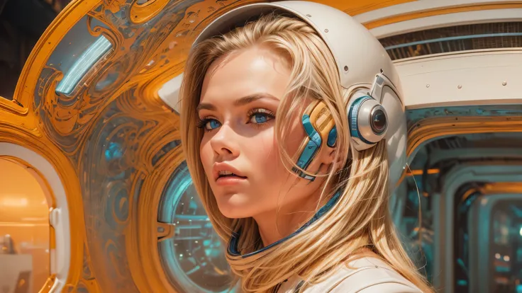 arafed image of a white woman in a futuristic suit with a spaceship in the background, movie art, in front of an orange background, inspired by Robert McGinnis, female protagonist, megastructure in the background, portrait of an ai astronaut, astronauts, a...