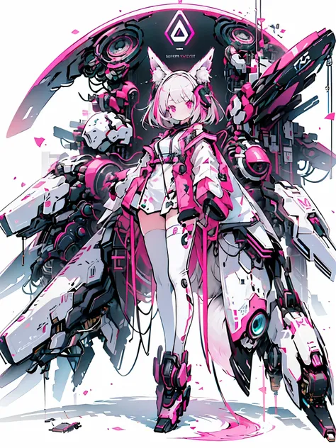 best quality,masterpiece,illustration,1 Girl,Solitary,whole body,Fox ears,Mecha,machine,Fluffy tail,Blank Background,Mechanical leg,(Fluorescent Color:1.5),(Laser purple light:1.1),Fox fire,Fluorescent pink,