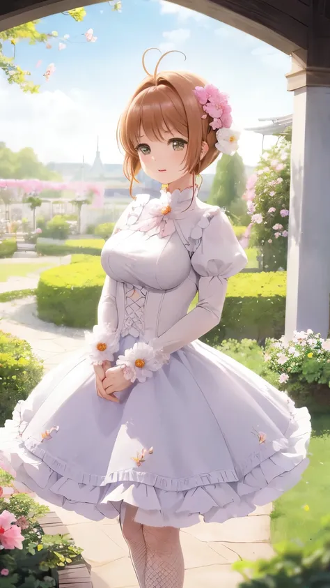 Delicate Composition, hyper detailed, best quality, blurry foreground, dynamic view, 1 girl, (seductive smile:0.6), solo, large breasts, hair in takes, beautiful detailed garden, fluttered detailed petal, grow, white fishnets, kinomoto sakura, standing, mi...