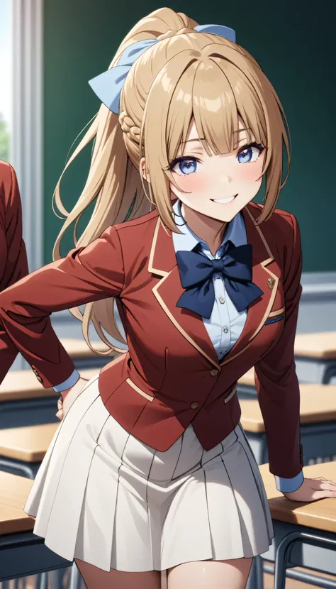 masterpiece, best quality, highres, ponytail hair, (single braid:1.2), hair ribbon, red jacket,buttoned blazer, blue bowtie, long sleeves, white skirt, standing,leaning forward,put hands on hip,smile face, from front, in school classroom