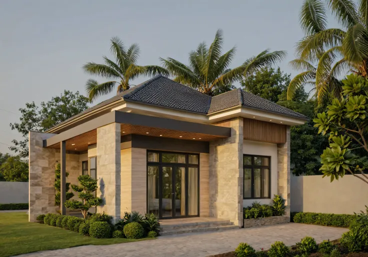 a view of a modern home with a large front yard, main material by white wall and stone and wood, 1 road runs in front of the house, (RAW photo, real, best quality, masterpiece:1.2), Morden minimalist look, 1 road in front of the house, shime ring light, li...
