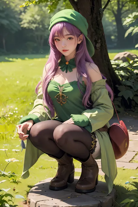 best quality, (masterpiece:1.2), illustration, absurdres,  (1girl, solo), (beautiful detailed girl),, Aeolia, lilac hair, long hair, red eyes, medium breasts,, happy, cheerful,, green hat, hat with feather ornament, green dress, green coat, (fantasy:1.1) (...