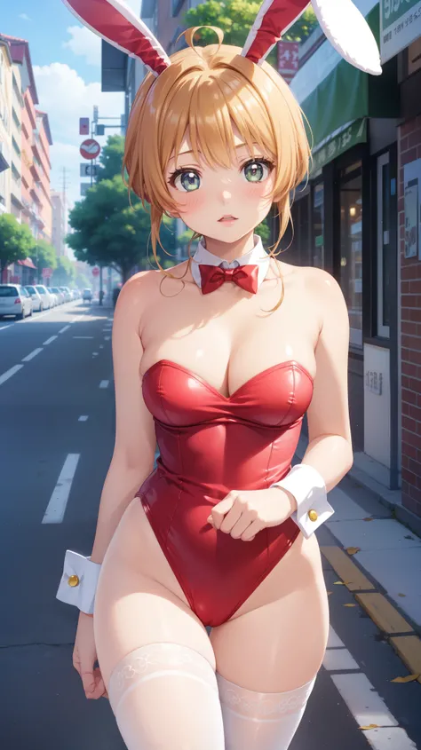 masterpiece, best quality, highres, 1girl, detailed face, blush, anime CG style, (medium breasts), (18 year old girl:1.3), (aged up), good lighting, perfect body, sakura kinomoto, glossy lips, city street, strapless leotard, detached collar, wrist cuffs, (...