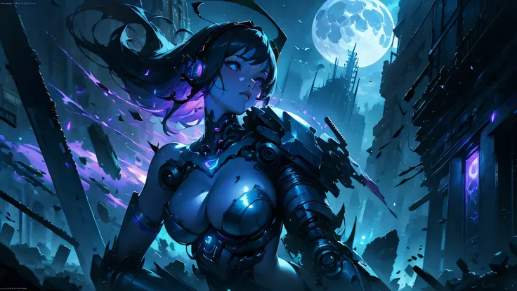 Female cyborg wearing headphones、A little broken、1 female、Big Breasts、sexy、Moonlight、Unbuttoned、Downlight、full moon、In the rubble、In the ruined city、Butt、Beautiful buttocks、Plump、Sideboob、Half naked、Eyes glowing red、Flying through the sky using jets on his...