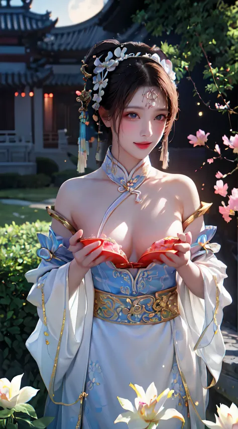 (a girl in a garden,moon palace,Change,mooncakes,rabbits),best quality,ultra-detailed,realistic:1.37,illustration,traditional Chinese painting,harmonious colors,soft lighting