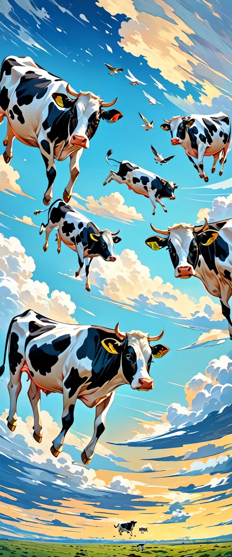 cows fly on the sky, their bodies gracefully floating among the clouds, Each cow has white and black patches, and their legs move as if walking on air, unreal, abstract