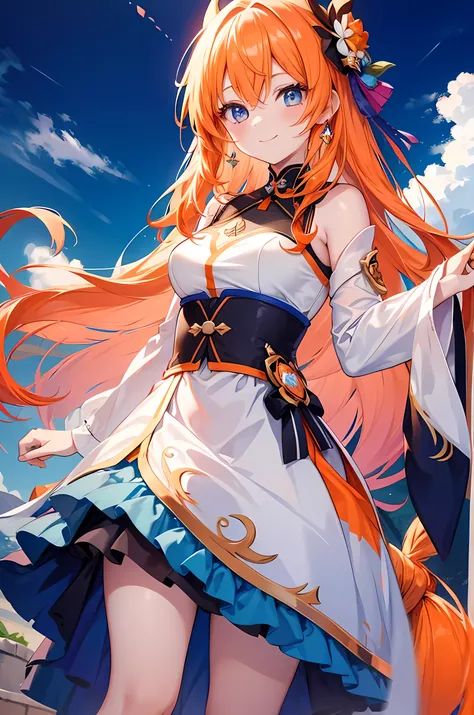 Young girl, orange long hair, blue eyes, genshin impact vibes, smile face