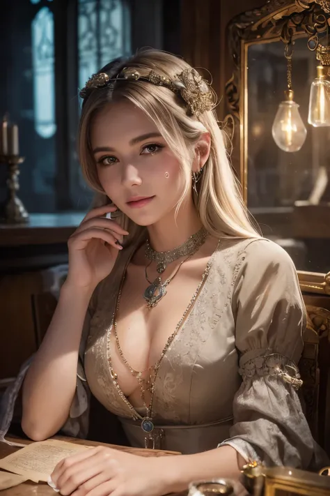 Masterpiece,Polish Woman, libra,fortune,((1 girl))),(1),Teen,Silver midium hair, wearing a antique elegant dress, ((Dark eyes)),Detailed face, ((grab old scales)), (Skin pores:1.1), 4K, Hyperrealism, Realistic, Hyper-realistic, High Resolution, 35mm lens, ...