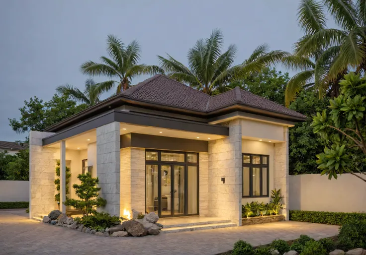 a view of a modern home with a large front yard, main material by white wall and stone and wood, 1 road runs in front of the house, (RAW photo, real, best quality, masterpiece:1.2), Morden minimalist look, 1 road in front of the house, shime ring light, li...