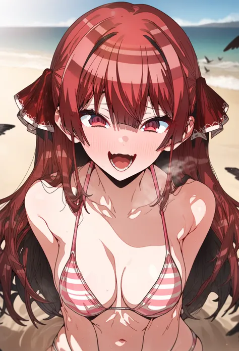 houshou_marine, Artist, erere, Copyrights, idolmaster, idolmaster_shiny_colors, Character, General, 1girl, red_hair, blunt_bangs, blush, large_breasts, breasts, smile, brown_eyes, censored, long_hair, striped bikini, pink_bikini, frilled_bikini, navel, ope...