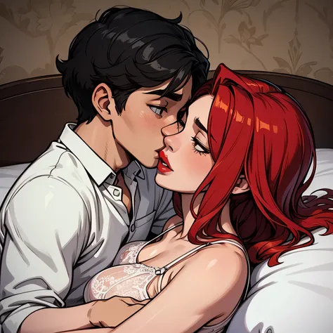 Amazing portrait of a sexy woman kissing and making out with a shirtless boy with her glossy red lips while wearing a sheer white shirt that reveals the red lacy lingerie that shes wearing underneath the shirt on the bed in an intimate setting