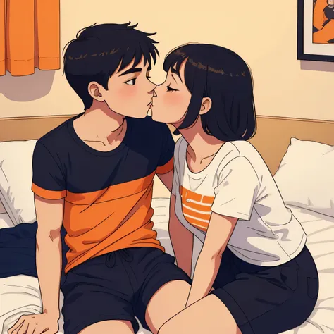 Amazing portrait of a young woman wearing white and orange striped t shirt and orange shorts and young boy wearing a navy blue t shirt and black shorts sitting on a bed together and kissing and making out passionately in a sexy and hot and lustful setting