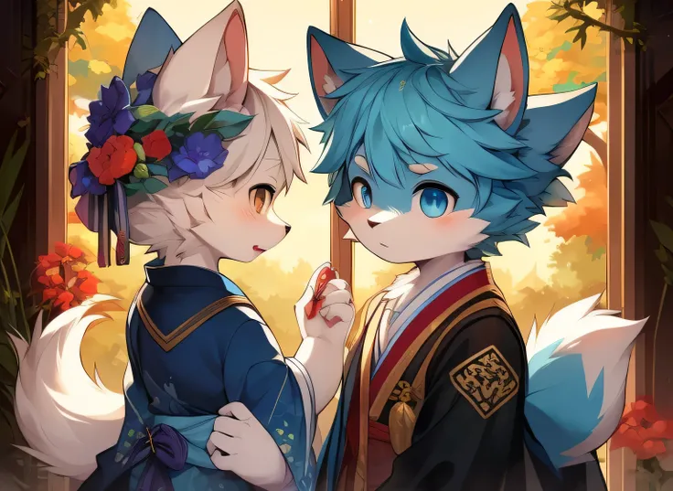 Blue fur, Canine, fox motif, boy, uniform,expensive，Age: 15，kimono，