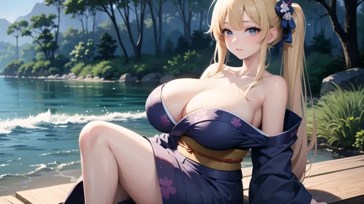 (((masterpiece, best quality))), (((superior quality))), cute girl, ((extremely detailed girl)), ((huge breasts)), (yukata), (bare shoulders), strapless top, twin-tail blonde