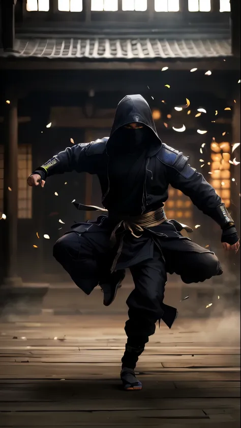 arafed man in a black hooded jacket and sweatshirt is dancing, dramatic cinematic action shooting, mystical ninja, Inspired by Kan&#39;o Hōgai, cinematic action shooting, in the style of sifu 🔥 😎 🕹️ 👀 :2, epic ninja suit, personagem de mortal kombat, assas...