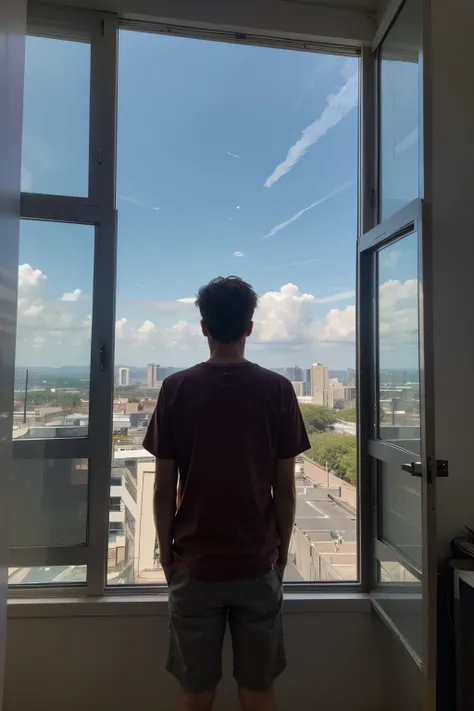 A tall teenage boy staring on a huge glass pane window looking at the sky , the photo is took from his back , 4 metres away from him , does not show his face