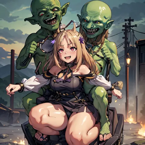 masterpiece, (((goblinriding, a goblin is riding a girl))), goblin, mutiple goblins, goblins, (((all fours))), 1girl, (Large Machine-Made Choker:1.1), (nose hook), reins, collar, chain, rope, obey, happy trance, smile, hair ornaments, large breast, huge br...