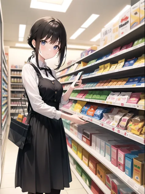 Inside a bright convenience store、A young woman is looking at products on the shelf。There are various products on the shelves、The store is clean and tidy。A woman with a shopping basket、Casually dressed and relaxed。Depicts everyday shopping scenes at a conv...