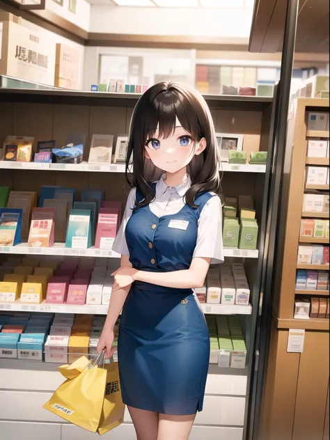 At the cash register of a convenience store、A smiling female sales clerk in a blue uniform is handing a bag to a customer。The inside of the store is bright、Natural light pours in through the window。In the background you can see the cash register and shelve...