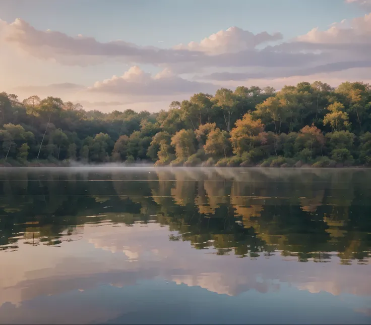 Tranquil Lakeside Sunrise: Calm lake reflecting a vibrant sunrise, surrounded by dense forest, towering trees, gentle morning mist, birds chirping, soft sun and sunlight filtering through branches, colorful sky, shades of pink, orange, and purple, detailed...