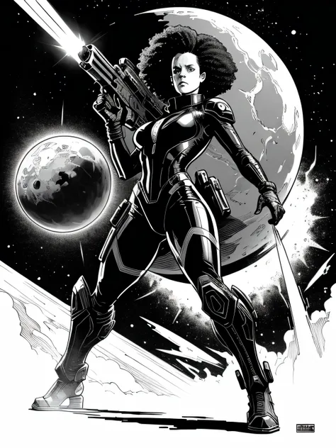  giant alien monster on the planet inside the spaceship Sigourney Weaver she using a huge gun to kill alien,explosion, Bela arte de linha, black and white comic style, manga art style, pencil and ink caricature drawing, black and white coloring,arte vector...