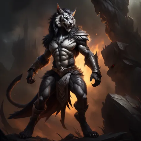 ((Solo)), male, anthro tiger, male character, demon lord of Shattered Abyss, Darkness incarnate, ancient titan, (silverwhite-colored fur, White-silver:1.3), ((cat face, dark hair, Big black eyes, red eyelids, elegant) (Tough, attractive expression:1.2)), m...