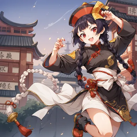 score_9, score_8_up, score_7_up, source_anime,masterpiece, best quality, high resolution, extremely detailed CG, absurdres, highres, 1girl, solo, jiangshi, twin braids, blunt bangs, red eyes, qingdai guanmao with a ofuda, Chinese clothes, claw, ((kung fu p...