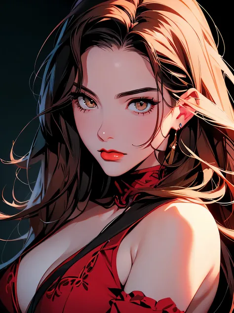 2d illustration, anime, a painting in fine arts, in manhwa style, (boa hancock), 1girl, brown hair, long hair, big hair, golden eyes, makeup, (red lips), beautiful, high definition, masterpiece, best quality, high detail, high detailed eyes, grain filter, ...