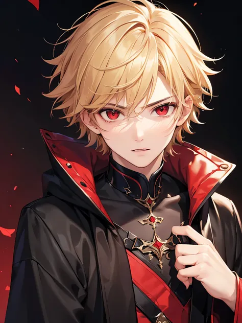 1boy,handsome,18 years old,half body photo,half body photo,Perfect face, HD face, ultra detailed face, short hair, blonde hair, messy hair, bright red eyes,Vampire outfit,Black robe,ultra detailed, ultra HD