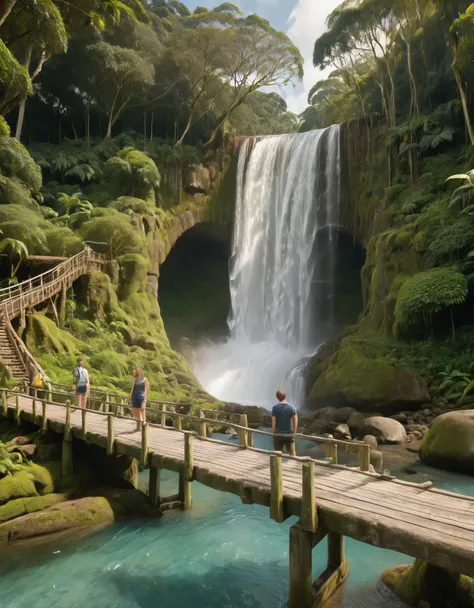 two adventurers, male and female, standing on a rustic wooden bridge in front of a tall, cascading waterfall set in a lush, tropical rainforest. The scene is misty with sunlight filtering through the dense canopy above. Both adventurers are holding giant c...