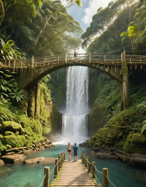 two adventurers, male and female, standing on a rustic wooden bridge in front of a tall, cascading waterfall set in a lush, trop...