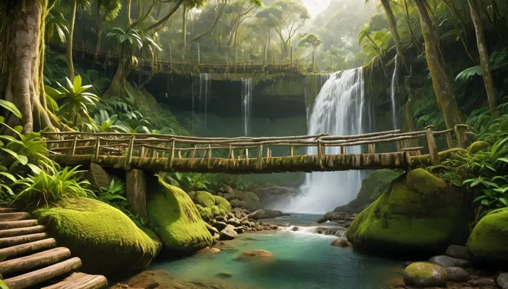 A rustic wooden bridge in front of a tall, cascading waterfall set in a lush, tropical rainforest. The scene is misty with sunlight filtering through the dense canopy above. The environment is rich with green foliage and moss-covered rocks, and the atmosph...