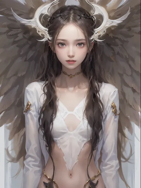 (white color concept:1.0),a girl like doll with angel wings, archdevil, nearly naked, thin body, skinny, small breasts, flat chest, (dynamic pose:1.2), thin body, tiny tits, from the navel up, from below, devil crown, dragon horn, looking down at camera, (...