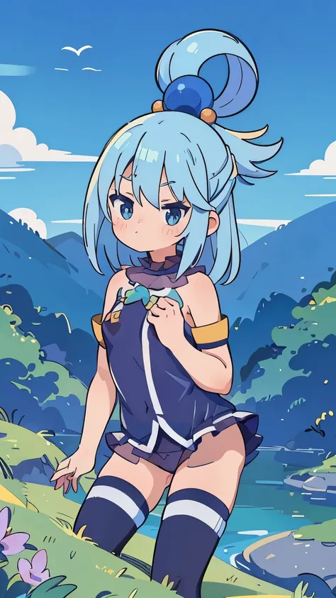 (a girl,masterpiece,8k,naked,choker,stockings, herself on the butt,pouting,looks at her chest, flat chest),(vivid colors,purple halo, blue hair, aqua from kinosuba, landscape, 