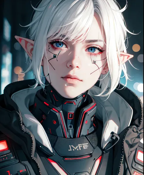 cyber_mark, facial mark, 1boy, cyborg, solo, closed mouth, portrait, nose, (cyberpunk style:1.3), medium intensity lighting, (bokeh:1.3), jealous facial expression, pear face, elf, elf ear, clean-shaven haircut, white hair, round eye shape, aquamarine eyes...