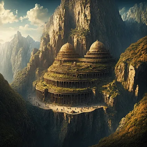 there is a large building that is built into the side of a mountain, intricate matte painting, matte painting of human mind, dig...