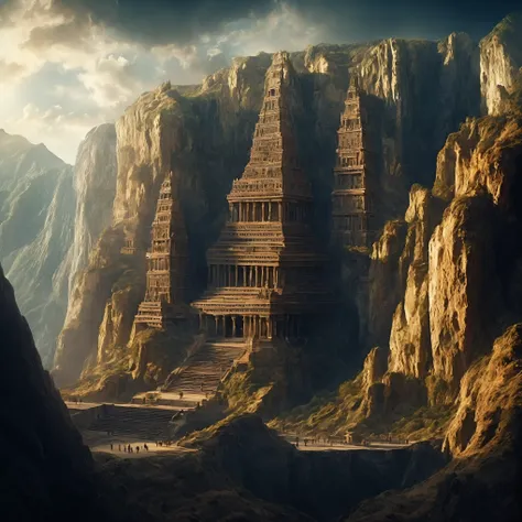 there is a large building that is built into the side of a mountain, intricate matte painting, matte painting of human mind, dig...