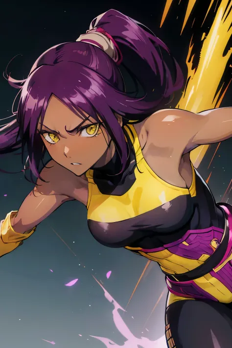 yoruichi shihouin, long hair, (yellow eyes:1.5), ponytail, purple hair, dark skin, dark-skinned female, bodysuit, black bodysuit, bare arms, bare shoulders