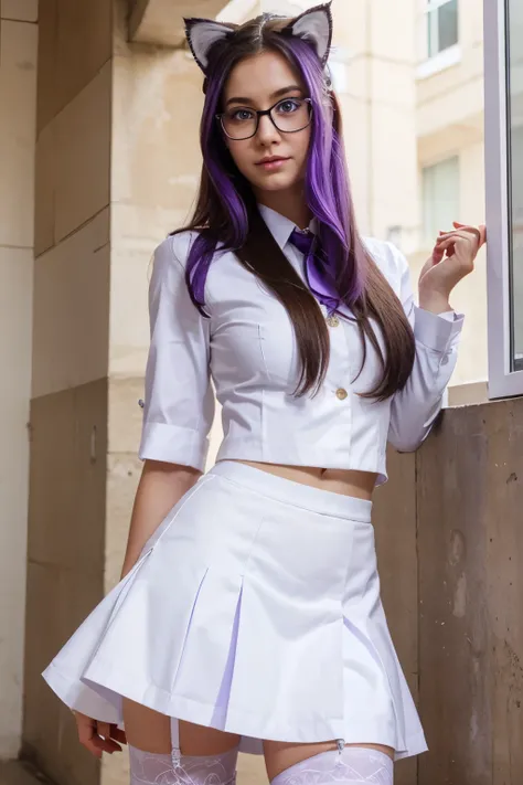 Cat hair, Glasses, eyes purple, white skin, white uniform, skirt and Stockings