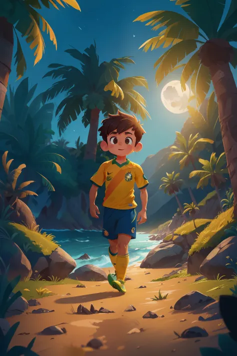 Jogador de futebol adulto, cabelo escuro, bem curtalo, shirt of the Brazilian national football team, amarela, walking solo in a coastal landscape under the moon, feliz e animado, estilo disney channel, imagem UHD, 8K, ultra.

(Realistic soccer player wear...