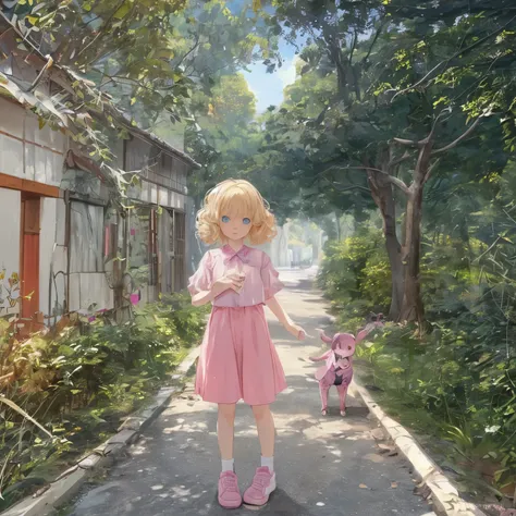 A photo of Zdenka Hoa, ten year old girl, white, with blonde hair, short hair, hair with beautiful curls, beautiful blue eyes, pink blouse, black pants, pink sneakers, full body, looking at the camera, illustration style childrens book. anime art