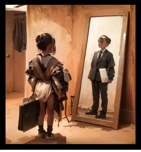 there is a small  standing in front of a mirror, looking in a mirror, looking in the mirror, looking into a mirror, with a mirror, standing in front of a mirror, looking in mirror, absolutely outstanding image, thought provoking, emotional picture, powerfu...