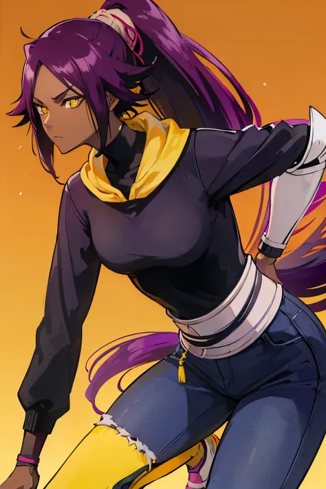 yoruichi shihouin, long hair, (yellow eyes:1.5), ponytail, purple hair, dark skin, dark-skinned female, purple hoodies, jeans pants