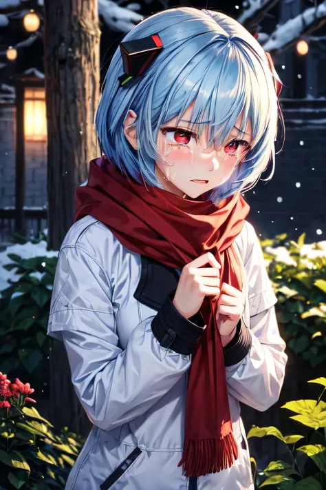 reiayanami, 1girl, blue hair, red eye, winter cloth, cool crying, hopeless, behind garden, glowing, sidelighting, wallpaper