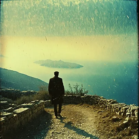 grainy old 35mm vintage, there is a giant Olympian greek god descending from heaven inside god-ray, vast scenery