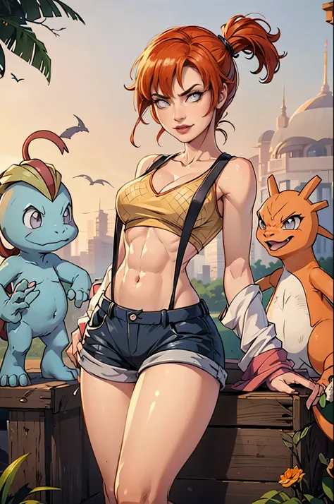 Hinata Hyuga vistiendo Misty'ropa pokemon, with the Pokémon Charmander and Machop next to it, pelo largo azul oscuro, extremadamente realista, muy linda, extremadamente sexy, gran culo, piernas gruesas, physical fitness
