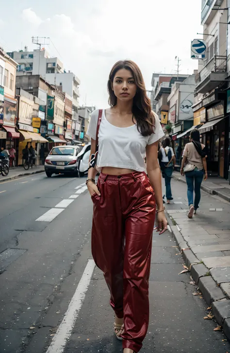 A GIRL WERE A RED DENIME PANTS AND A WHITE TOPE WALKING ON KOLKATAS ROAD