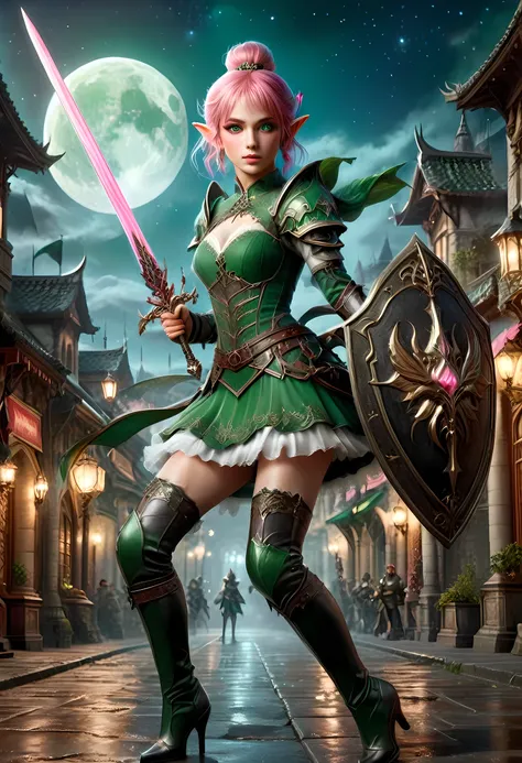 high details, best quality, 16k, [ultra detailed], masterpiece, best quality, (extremely detailed), full body, ultra wide shot, photorealistic, a picture of a female elf, in tight lace maid uniform (((masterpiece))), high heeled, leather boots, ready for c...
